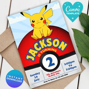 Editable Poke Birthday Invitation | Pika Digital Invitation | Printable Poke Party Template | Instant Download | Canva Template