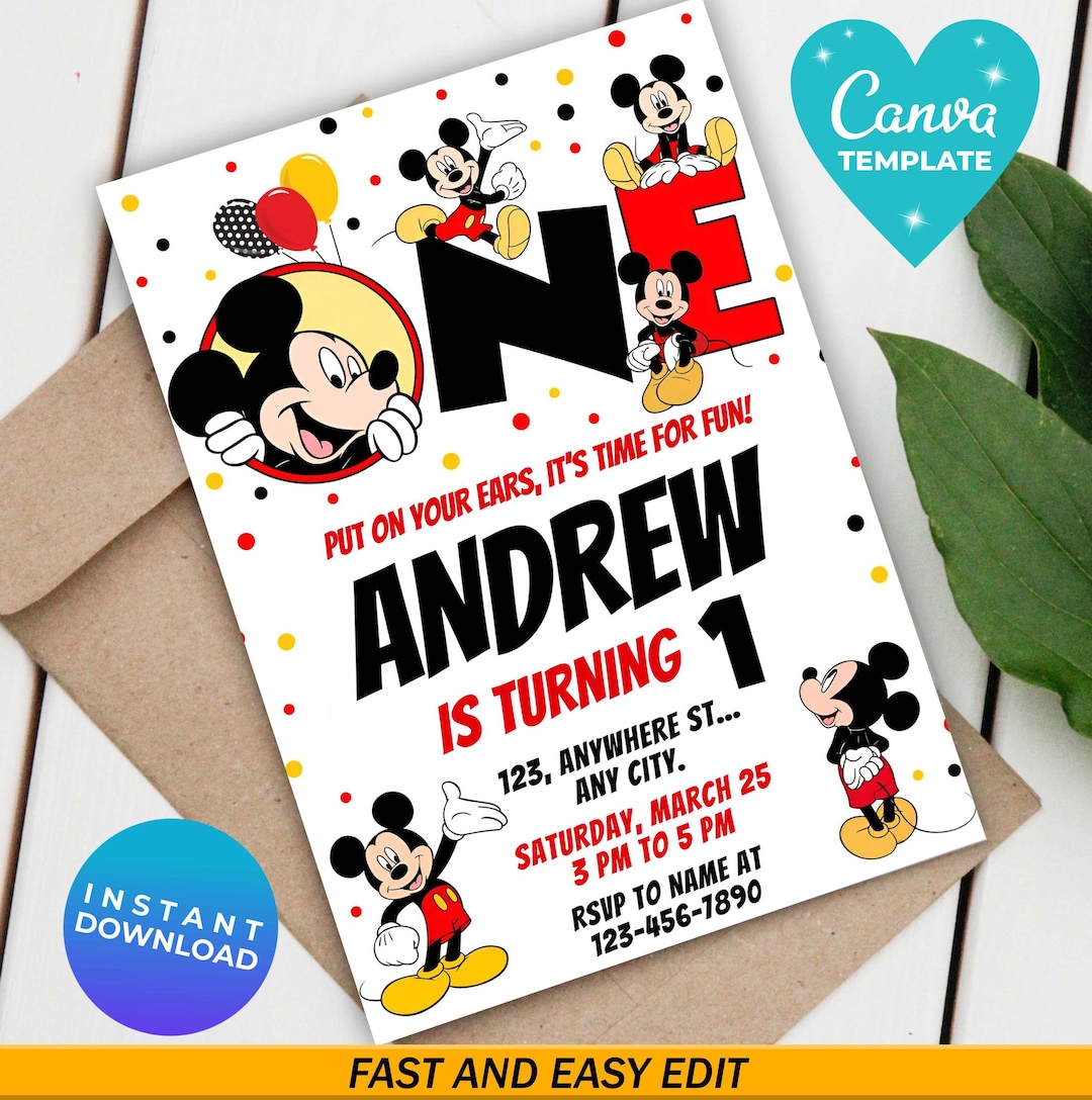Editable Mickey 1st Birthday Invitation, Digital Kids Party Template ...