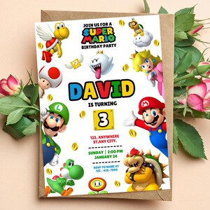 Puede incluir: Una invitaci&oacute;n de cumplea&ntilde;os con tem&aacute;tica de Super Mario, con Mario, Luigi, la Princesa Peach y otros personajes. La invitaci&oacute;n incluye el nombre "David" y el n&uacute;mero "3", con detalles del evento e informaci&oacute;n de RSVP.