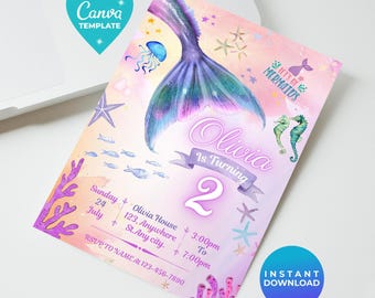 Editable Mermaid Tail Birthday Invitation | Under the Sea Invitation | Mermaid Invite | Mermaid Bash | Instant Download | Canva Template