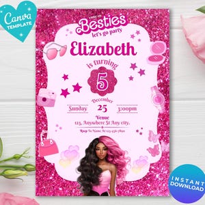 Invito per la festa di compleanno di una bambola di moda con glitter rosa per bambine, modello di invito per la festa di compleanno di una bambola nera per bambine, download immediato, invito rosa modificabile