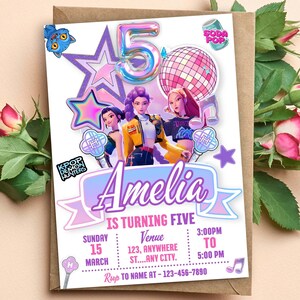 May include: A birthday invitation card featuring a large iridescent number 5, a disco ball, and three animated characters. The text reads Amelia is turning five, K-Pop Demon Hunters, and includes placeholders for date, time, venue, and RSVP contact information.