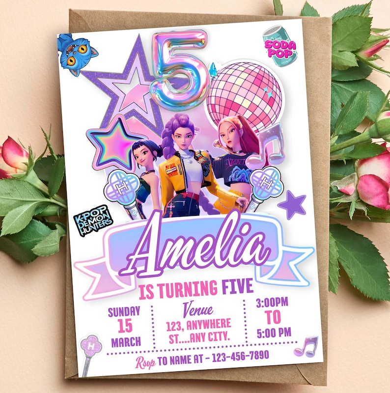 May include: A birthday invitation card featuring a large iridescent number 5, a disco ball, and three animated characters. The text reads Amelia is turning five, K-Pop Demon Hunters, and includes placeholders for date, time, venue, and RSVP contact information.