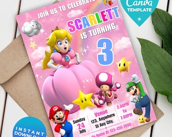 Super Mario Birthday Invitation | Princess Peach Invitation | Mario Invite for Girls | Gaming Invitation | Canva Template | Instant Download