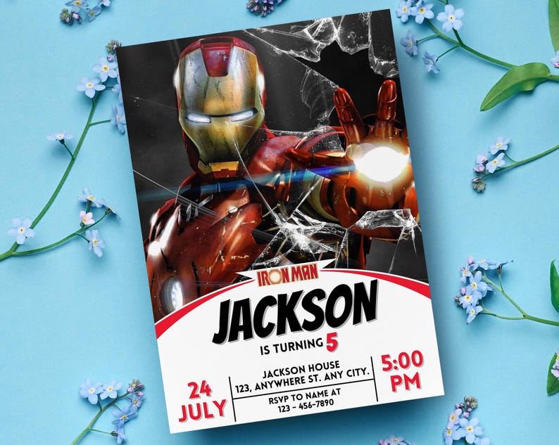 May include: A birthday party invitation with an Iron Man theme. The design features Iron Man with a cracked glass effect. The text reads "Iron Man JACKSON IS TURNING 5" with event details and RSVP information.