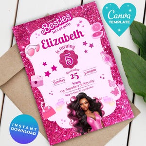 Fashion Doll Birthday Party Pink Glitter Party Invite for Girls Black Doll Birthday Template for Girls Instant Download Pink Evite Editable