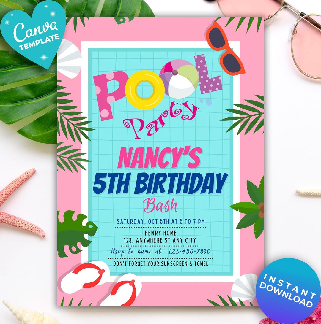 Editable Pool Party Birthday Invitation Kids Pool Party Kids Swimming ...
