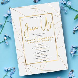 May include: White invitation card with gold geometric design and text. The card reads "Join Us" and invites to an annual company special event on 31 August 2025, at 123 Anywhere St, Any City. RSVP to Emma.