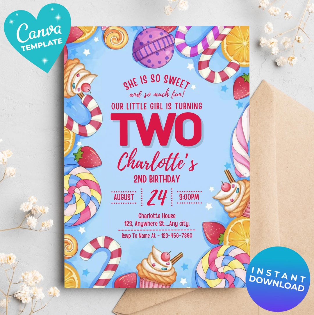 Editable Candy Theme Birthday Invitation | Sweet Party Canva Template ...
