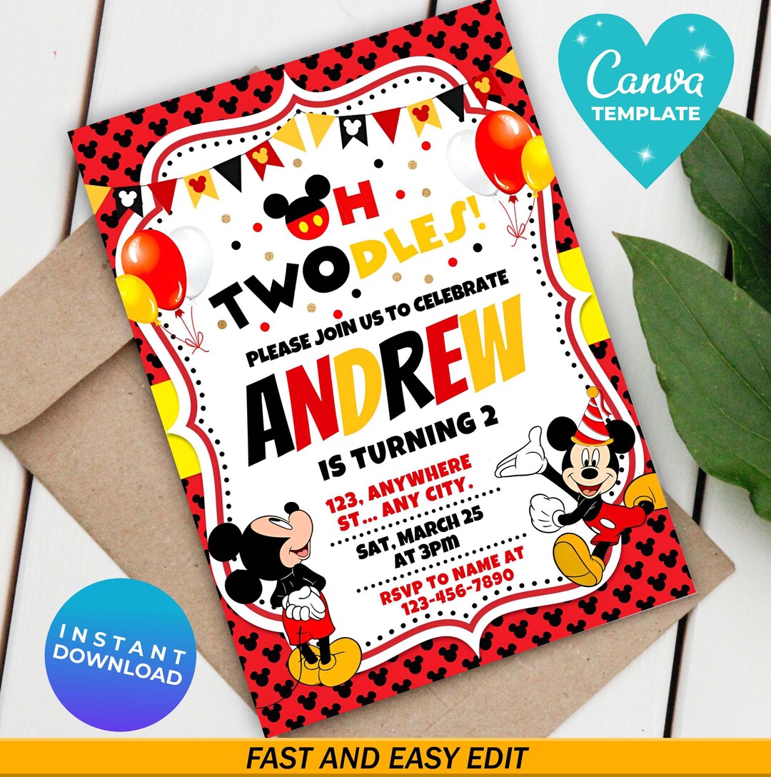 Editable Mickey Birthday Invitation, Digital Kids Party Template ...