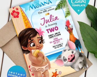 Editable Moana Birthday Invitation Girl | Baby Moana Digital Invite | Hawaiian Invite Template | Instant Download | Canva Template