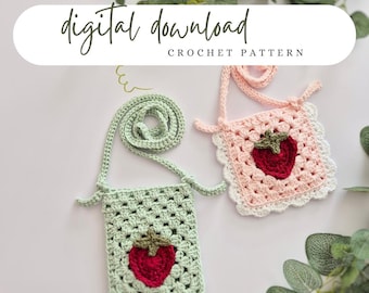 Strawberry crochet bag pattern, strawberry granny square, toddler bag crochet pattern, phone bag crochet pattern, pdf digital download