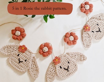 Rosie the Rabbit crochet pattern | 5 in 1 pattern | lop eared rabbit crochet pattern | beginner crochet pattern | pdf download |