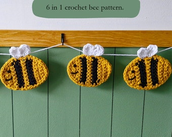 6 in 1 Bumble bee crochet pattern, pdf download, beginner crochet pattern, coaster, pouch, garland, applique, decoration, crochet pattern.