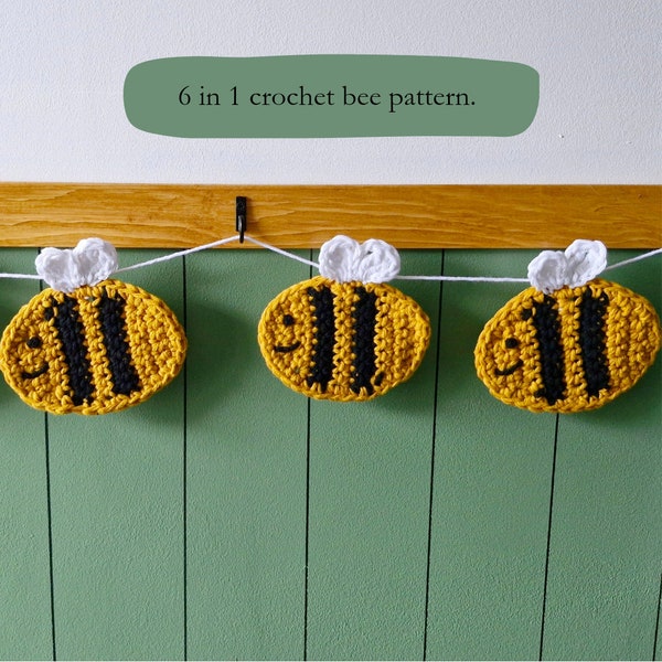 6 in 1 Bumble bee crochet pattern, pdf download, beginner crochet pattern, coaster, pouch, garland, applique, decoration, crochet pattern.