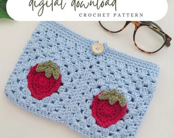 Strawberry granny square crochet pattern, book sleeve and eReader crochet pattern, strawberry crochet pattern, pdf digital download