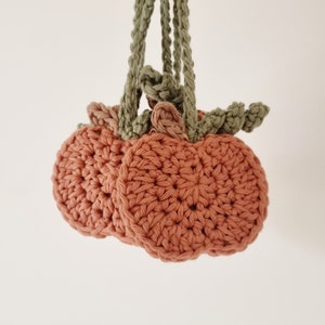 May include: Three crocheted peach-colored pumpkins with green crocheted stems hanging from a green crocheted cord.