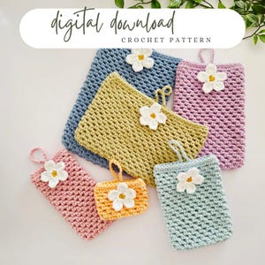 May include: A collection of six crocheted pouches in various sizes and colors, including blue, yellow, pink, lavender, orange, and light blue. Each pouch features a white crocheted flower with a yellow center and a small loop handle.