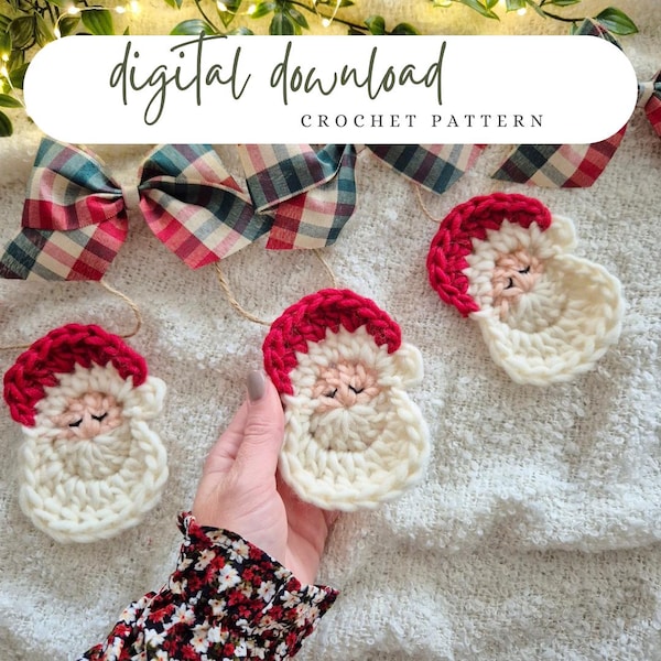Santa Crochet Pattern  Christmas Ornament Coaster Applique Garland Decoration Easy Holiday PDF Tutorial Any Yarn & Hook