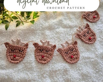 Patrón de reno a crochet, patrón de crochet navideño, patrón de crochet festivo, guirnalda navideña, decoración navideña, descarga digital en PDF