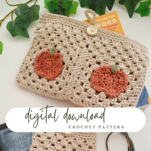 May include: A crochet pattern for a beige and orange pumpkin-shaped pouch. The pouch is made with a granny square stitch and features two orange pumpkins with green stems. The text "digital download crochet pattern" is displayed below the pouch.