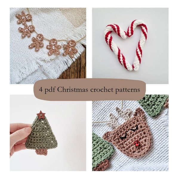 4 modèles de Noël au crochet pdf | Canne en bonbon pdf | rudolph pdf | Sapin de Noël pdf | pain d'épice pdf