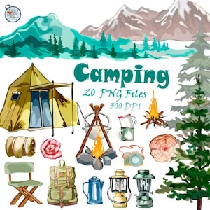 Camping Clipart - Travel - Campfire Clipart - Png - Mountain Landscape - Bonfire - Tent - Pine Trees -Hiking - Instant Download