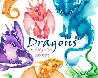 Watercolor Dragons-Clipart Download-Fantasy Dragons-Dragon Clipart-Magical Animals-Fantasy-Digital Scrapbooking - Commercial Use