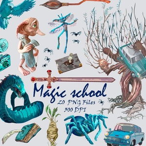 Clipart School of Magic - ein Set magischer Elemente - Eule-Magie Clipart-Spinne-Maschine-Magie Halloween Clipart - png-Digital download