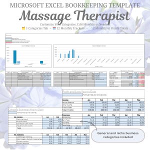 Simple Excel Bookkeeping Template,  Massage Therapist, Masseuse, Automated, Digital Instant Download, Colour Coded, Customisable, Specific