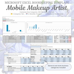 Einfache Excel-Buchhaltungsvorlage, Mobile Make-up-Artist, automatisiert, sofortiger digitaler Download, farbunterlegt, anpassbar, spezifisch
