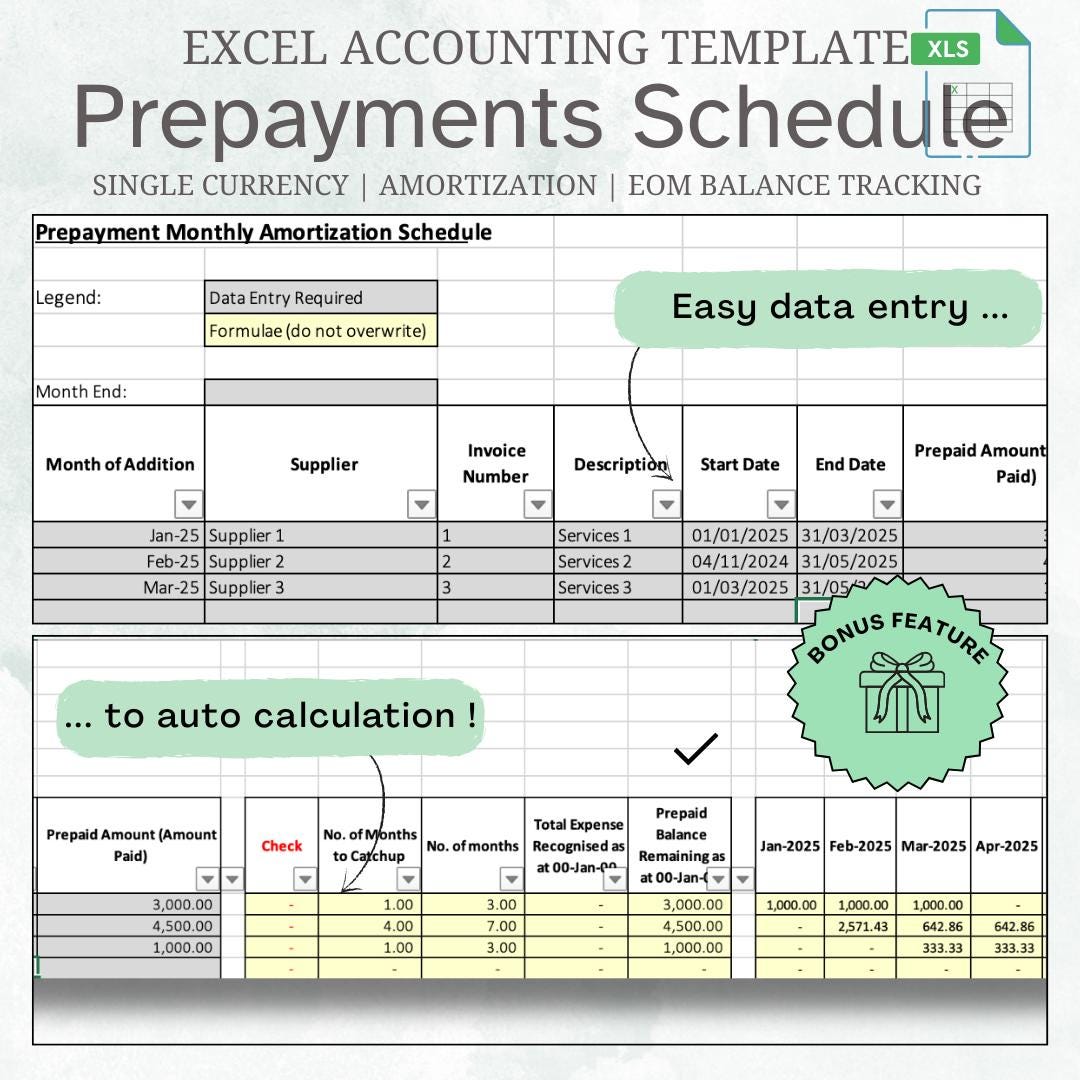 Prepayment Editable Tracker for Month-end & Year-end, Amortisation ...