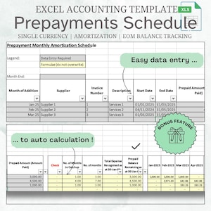 Prepayment Editable Tracker for Month-End & Year-End, Amortisation Schedule, Automated, Simple, Single Currency,  Instant Download, Excel
