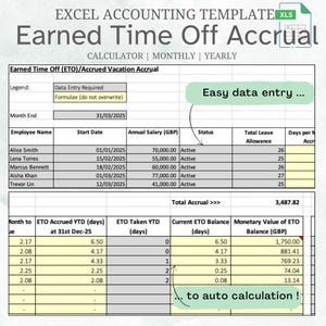 Calculatrice des congés accumulés, téléchargement numérique Excel instantané, outil automatisé, calendrier efficace, modifiable, congés accumulés, vacances