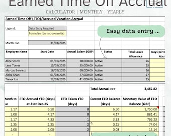 Calculadora de acumulación de tiempo libre, descarga digital instantánea en Excel, herramienta automatizada, programación eficiente, editable, vacaciones acumuladas