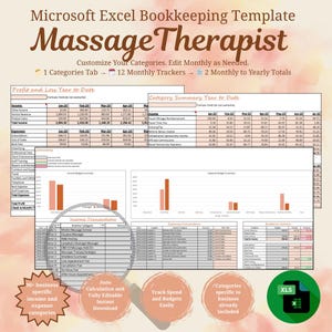 May include: Microsoft Excel bookkeeping template for massage therapists. Features include customizable categories, monthly trackers, and yearly totals. Includes income and expense categories, auto calculation, and is fully editable. The template is available for instant download.