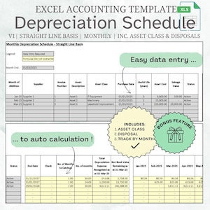 Depreciation Schedule, Straight Line Basis, Instant Excel Digital Download, Automated Accounting, Efficient Business Tool, Editable, Monthly