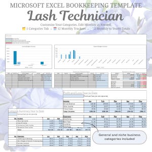 Simple Excel Bookkeeping Template, Lash Technician, Automated, Digital Instant Download, Colour Coded, Customisable, Specific