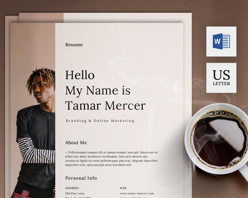 May include: A resume template with a black and white photo of a person with dreadlocks. The text reads "Hello My Name is Tamar Mercer Branding & Online Marketing About Me Personal Info Address 284 Pine Lane Web www.tamar-mercer.com"