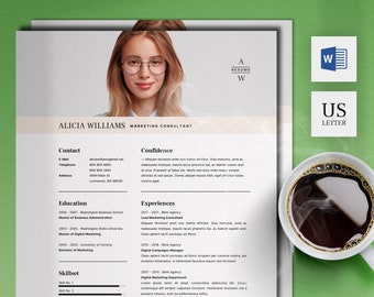 CV Template with Photo | Professional Resume Template Word | 2 Page B&W Creative Resume and Cover Letter Template | Instant Download