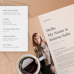 Puede incluir: Una plantilla de curr&iacute;culum personalizable con un fondo beige y una foto de una mujer. La plantilla incluye una carta de presentaci&oacute;n, una portada de curr&iacute;culum y dos p&aacute;ginas de curr&iacute;culum adicionales. El texto de la plantilla dice "Hello My Name is Joanna Solis" y "September 8, 2021".