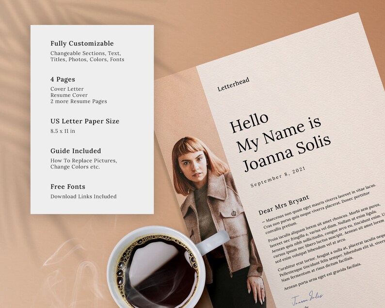 Puede incluir: Una plantilla de curr&iacute;culum personalizable con un fondo beige y una foto de una mujer. La plantilla incluye una carta de presentaci&oacute;n, una portada de curr&iacute;culum y dos p&aacute;ginas de curr&iacute;culum adicionales. El texto de la plantilla dice "Hello My Name is Joanna Solis" y "September 8, 2021".