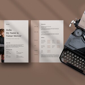 May include: A resume with a photo of a person wearing a black and red striped shirt and black pants. The resume includes the text "Hello My Name is Tamar Mercer Branding & Online Marketing".