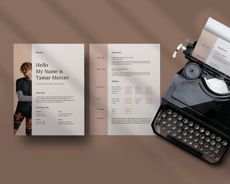 May include: A resume with a photo of a person wearing a black and red striped shirt and black pants. The resume includes the text "Hello My Name is Tamar Mercer Branding & Online Marketing".