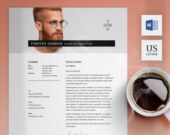 Professional Cover Letter Template with Photo | 1 Page US Letter Size for Word | Application Cover Page | B&W Motivational Letter Template