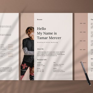 May include: A resume template with a photo of a person wearing a black and red plaid shirt and black pants. The resume is titled "Resume" and includes the name "Tamar Mercer" and the title "Branding & Online Marketing". The resume also includes sections for "About Me", "Personal Info", "Experience", and "References".