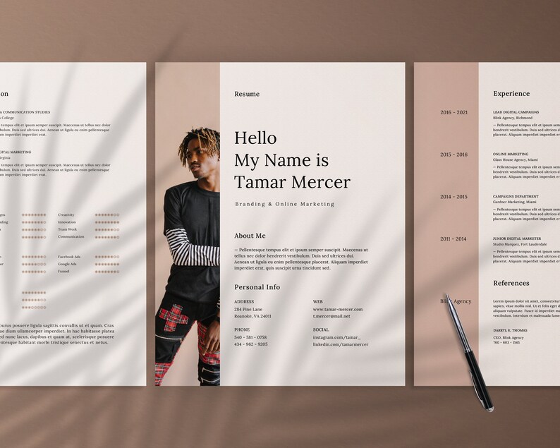 May include: A resume template with a photo of a person wearing a black and red plaid shirt and black pants. The resume is titled "Resume" and includes the name "Tamar Mercer" and the title "Branding & Online Marketing". The resume also includes sections for "About Me", "Personal Info", "Experience", and "References".