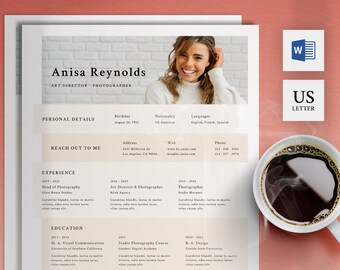 CV Template with Photo | Professional Portfolio Template | Creative Resume Template Word | 3 Page Resume and Cover Letter Template