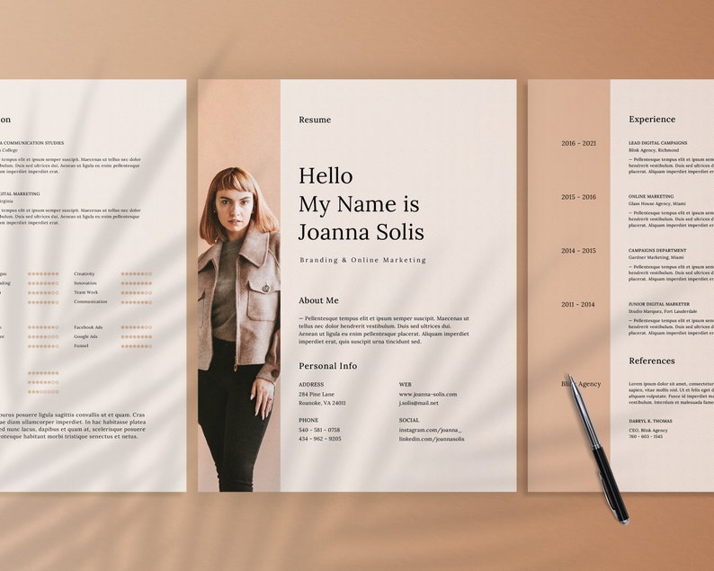Puede incluir: Una plantilla de curr&iacute;culum con una foto de una mujer con una chaqueta marr&oacute;n. El curr&iacute;culum es para Joanna Solis, que se especializa en branding y marketing online. Incluye su informaci&oacute;n de contacto, experiencia laboral y habilidades.