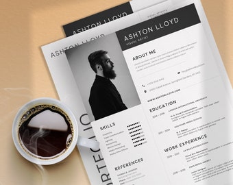 Plantilla de CV con foto / Plantilla de CV profesional Word / Plantilla de cv b&w y carta de presentación de 4 páginas / Plantilla de portafolio profesional